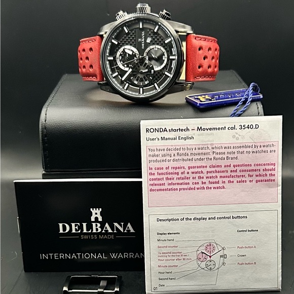 Deblana Men’s Orlando Black Case Red Leather Strap Quartz...